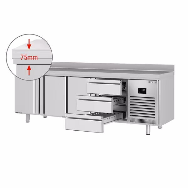 Kühltisch Premium PLUS - 2452x600mm - mit 3 Türen - 3 Schubladen - mit Aufkantung