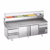 Table réfrigérée à pizza Premium PLUS - 2305 x 800 mm - avec 2 portes & 3 tiroirs - incl. vitrine réfrigérée de présentation - 10x GN 1/3