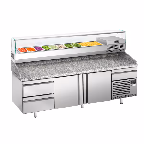 Commercial Pizza Prep Counter - Granite Top PREMIUM PLUS - 3305x800mm - with 3 doors & 3 drawers - incl. refrigerated topping unit with glass sneeze guard - 10x GN 1/3