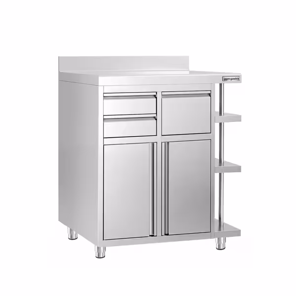 Arbetsskåp – för kaffebryggare – 1000 x 600 mm – med 2 pendeldörrar, 2 lådor, avklappningsanordning, 3 hyllor och upphöjd kant