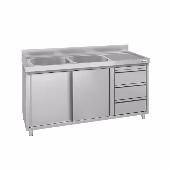 Commercial Sink Cabinet – 1400 × 700 mm – with 3 Drawers & Twin Left-Hand Bowls