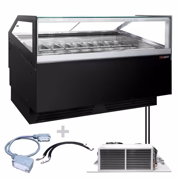 Eistheke ADAM mit ausbaubarem Motor - 1700mm - Umluft - für 18x 5 Liter oder 12x 7 Liter Eisbehälter - inkl. Verlängerungskabel für den Ausbau - Schwarz