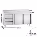 RVS werkkast PREMIUM - 1600x700mm - met schuifdeuren, 3 laden links & achteropstand