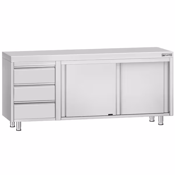 Rozsdamentes acél Munkaszekrény KOPENHAGEN ECO - 2000x700 mm - tolóajtós, 3 fiókos – bal oldali fiókblokk