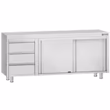 Paslanmaz Çelik Dolaplı Çalışma Tezgahı ECO - 2000x700mm - ile Sürgülü Kapılı & Ara Raflı & Sol 3 Çekmeceli