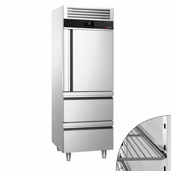 Koelkast RVS PREMIUM - GN 2/1 - 700liter - tot +8°C - met 1 deur & 2 laden - geforceerde koeling, LED‑verlichting & automatische ontdooiing