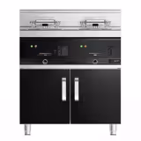 Elektromos dupla olajsütő - álló - 10+10 liter - 28,5 kW - manuális vezérlés - leeresztőcsappal - alsó szekrénnyel, 2 ajtó