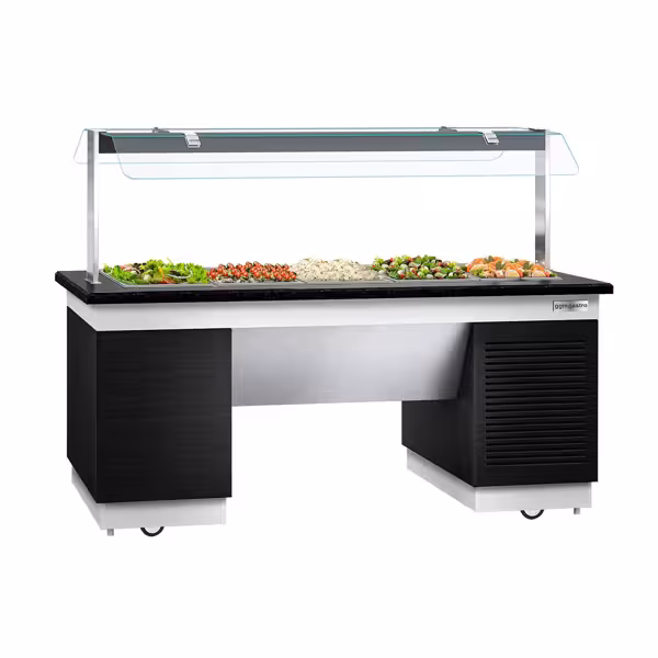 Balcão de buffet frio DUBLIN - 2000mm - com protetor de vidro reto & com rodízios - para 5x GN 1/1 - Preto
