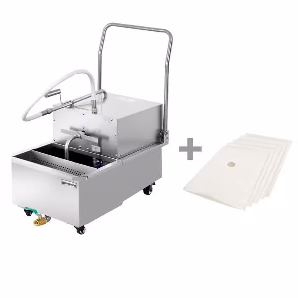 Filtar za friteznо ulje s ispusnim ventilom - 510x850x965 mm | 550 W | 220–240 V | 50 Hz | kapacitet filtracije do 48 l/min - nehrđajući čelik | s kotačima - uključuje 5 filtera