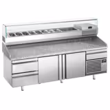 Table réfrigérée à pizza Premium PLUS - 2305 x 800 mm - avec 2 portes & 3 tiroirs - incl. vitrine réfrigérée de présentation - 10x GN 1/3