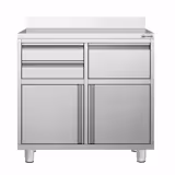 Rvs koffie-uitgifte werkbank - voor espressomachine - 1000x600mm - 2 laden, 1 deur, 1 afkloplade - met achteropstand