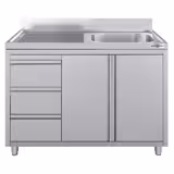 Commercial Sink Cabinet - Stainless Steel - 1200x700 - 3 Drawers - 1 Bowl Right