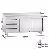 Table armoire en acier inoxydable PREMIUM - 1800x700mm - avec portes coulissantes et 3 tiroirs à gauche - avec étagère basse - avec dosseret