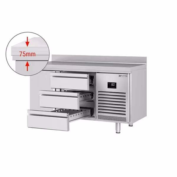 Balcão refrigerado PREMIUM PLUS - 1468x600mm - 250L - 1 porta; 3 gavetas GN 1/3 - GN 1/1 - -2 a +8°C; com ressalto traseiro; frio ventilado