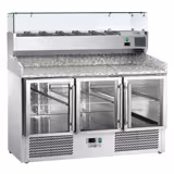 Commercial Pizza Prep Counter - Granite Top ECO - 1400x700mm - with 3 glass doors - incl. refrigerated topping unit with glass sneeze guard - 6x GN 1/4
