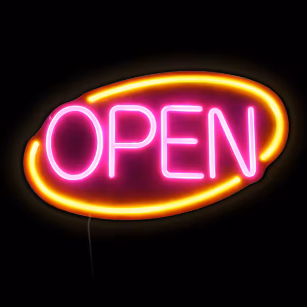 LED illuminated sign - OPEN - dimmable - Yellow/Magenta - 420x250mm
