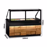 Saladette réfrigérée - 2000mm - façade décor bois bois naturel - 3 portes - avec vitrine de comptoir pour 5x GN 1/1 & 1 étagère - plan de travail en granit noir