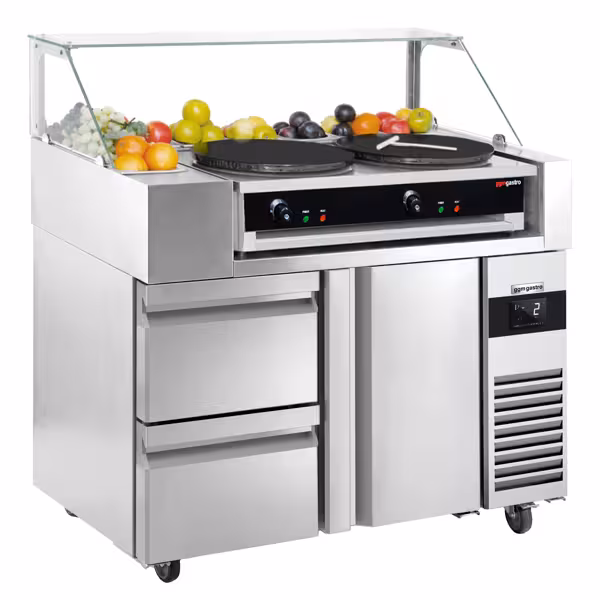 Tillberedningsbord - 1,21 x 0,7 m - med 1 dörr & 2 lådor 1/2 - inkl. crepes enhet med 2 plattor