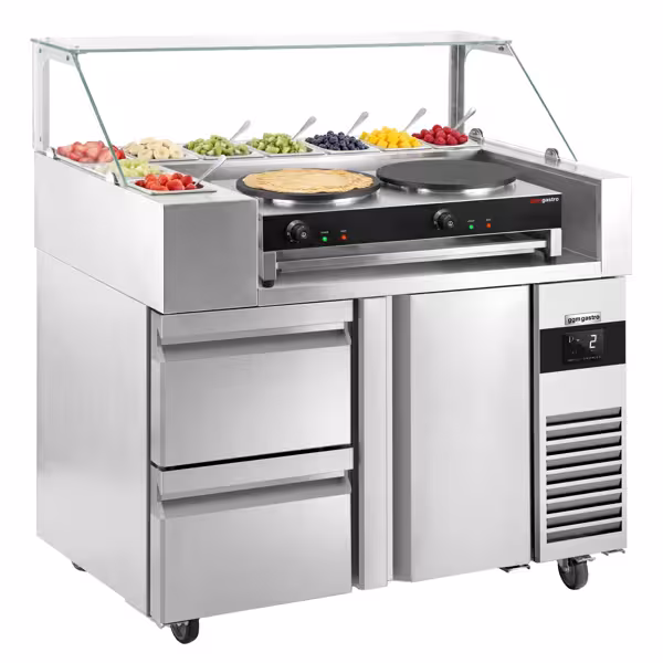 Banco preparazione refrigerato - 1210 mm - 1 porta e 2 cassetti - per 9x contenitori GN 1/6 - incl. crepiera con 2 piastre