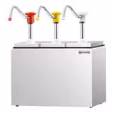 Sausdispenser - RVS rek, kunststof bakken - 4-delig (rek+3 bakken) - 3x2,5L - 190x355x268mm - instelbare dosering - met bak - lekvrije uitloop - incl. RVS frame