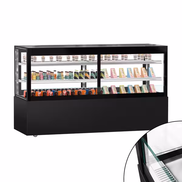 Vetrina pasticceria refrigerata MADRID - Self service - 710l - 2000mm - Doppio vetro - con 2 ripiani - porte posteriori scorrevoli; LED interni; incl. tenda notte; 4 lati vetro - Nero opaco