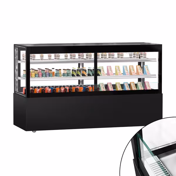 Commercial cake display fridge MADRID - 710L - 2000mm - Double glazing - with 2 glass shelves - rear sliding doors - Black matt