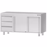 Paslanmaz Çelik Dolaplı Çalışma Tezgahı ECO - 1600x600mm - ile Sürgülü Kapılı & Sol 3 Çekmeceli & Ara Raflı