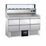 Commercial Pizza Prep Counter - Granite Top PREMIUM - 1400x700mm - with 0 doors & 6 dough drawers 1/2 - incl. refrigerated topping unit with glass sneeze guard LED - 6x GN 1/4