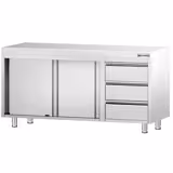 Edelstahl Arbeitsschrank PREMIUM - 1600x700mm - mit 3 Schubladen rechts ohne Aufkantung