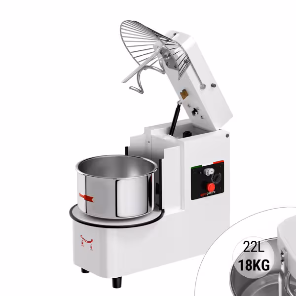 Teigknetmaschine - 22 Liter / 18 kg - 1 Geschwindigkeit - Kessel abnehmbar & Rührwerk aufklappbar - Timerfunktion