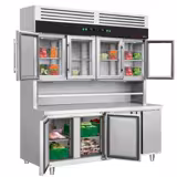 Chladicí stůl s přístěnným chladicím regálem - 1800x700x2100 mm - 655 l - Dvojité zasklení - s 4 skleněnými dveřmi - s 4 dveřmi - pracovní deska