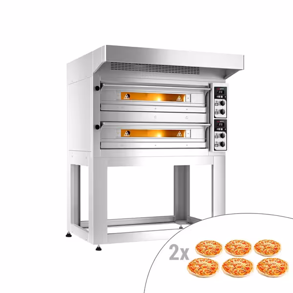Elektrische pizzaoven (chamotte bakvloer) - 1420x1210x1854mm - 2 kamers - 2x4 pizza’s Ø33cm - tot 400°C - Handmatig - incl. rvs afzuigkap & onderstel