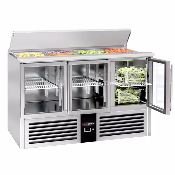 Saladette PREMIUM - 1368mm - 3 glazen deuren - met RVS deksel voor GN 1/1