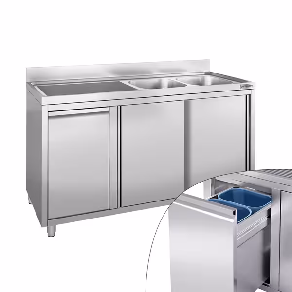 Spoelkast - 1600x700mm - met vuilnisbak & 2 spoelbakken rechts