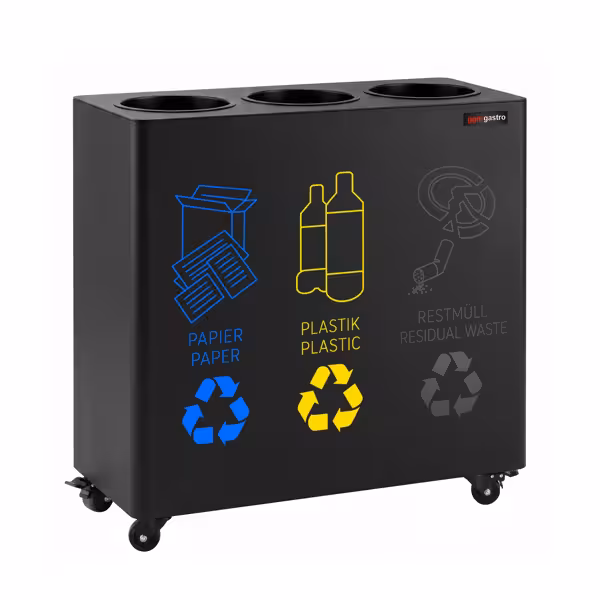 Waste sorting system – 3 bins, 30 litres each – Black – with 4 castors