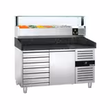 Pizzawerkbank PREMIUM - 1500x800mm - met granieten werkblad - met 1 deur & 7 laden - incl. glasvitrine LED - 6x GN 1/3
