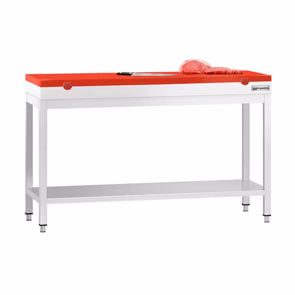 Edelstahl Arbeitstisch PREMIUM - 1400x800mm - mit Grundboden - inkl. Schneideplatte Rot