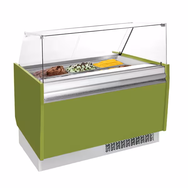 Vitrine de gelados Profissional LIAM - 1310mm - Frio estático - com iluminação LED - para 10+10 cubas de gelado de 5 litros - Verde-claro