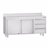 Rozsdamentes acél munkaszekrény ECO - 1800x700 mm - tolóajtós, 3 fiókos – jobb oldali fiókblokk, 2 ajtós – hátsó felhajtással