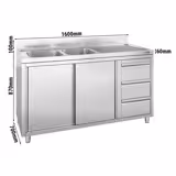  Dolaplı Yıkama Tezgahı - 1600x700mm - 3 Çekmeceli & 2 Sol Evyeli