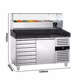 Pizzawerkbank PREMIUM - 1500x800mm - met granieten werkblad - met 1 deur & 7 laden - incl. glasvitrine - 7x GN 1/4