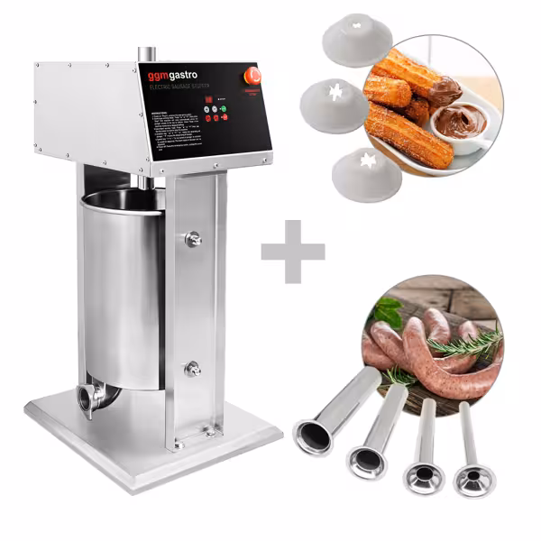 Automatische worstenvuller - verticaal - met churrosset - 25l - 180W - RVS - incl. voetpedaal & 4 vulbuizen & 3 churrosvormen