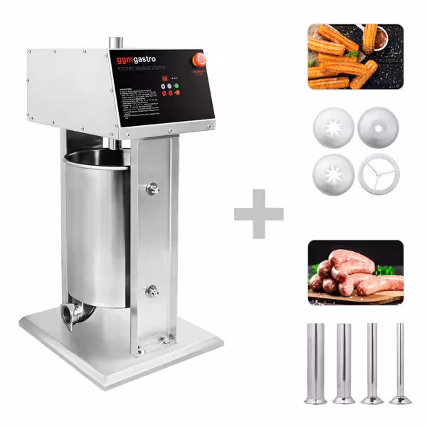 Automatische worstenvuller - verticaal - met churrosset - 25l - 180W - RVS - incl. voetpedaal & 4 vulbuizen & 3 churrosvormen