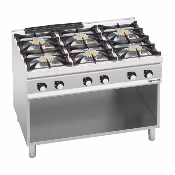 Gas Boiling Top - 60kW - 6 burners - with open base shelf - Heavy Duty - High-Output Model