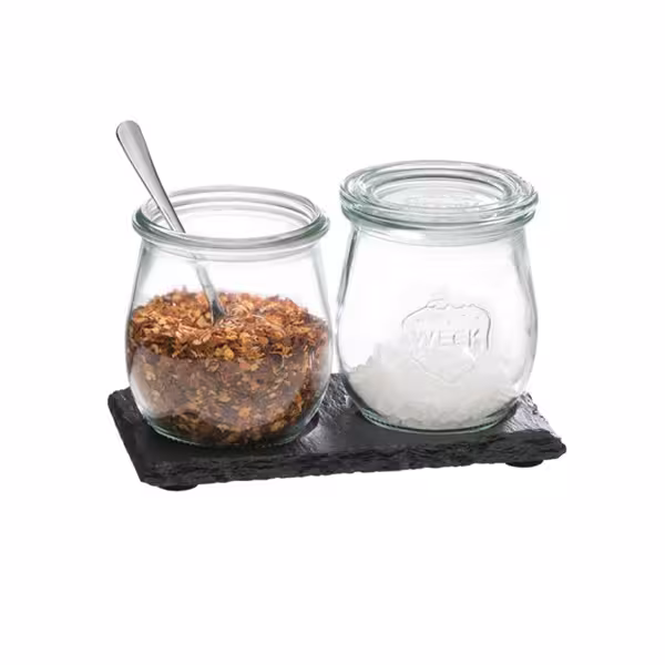 (6 uds) Bandeja de pizarra natural - Rectangular - 150x80mm - con 2 cavidades Ø60mm