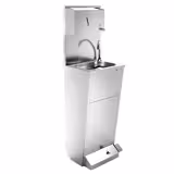 Lave-mains - Acier inoxydable - sur pied, pédale, robinet à droite, dosseret, poubelle, distributeur de serviettes en papier, distributeur de savon, raccordement eau courante requis