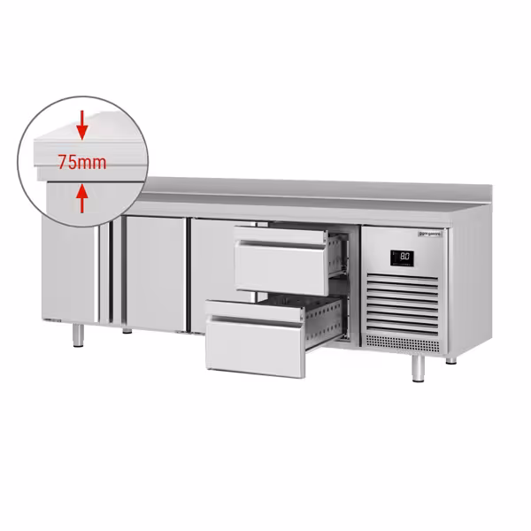 Stół chłodniczy PREMIUM PLUS - 2452x600mm - 510L - z 3 drzwiami - z 2 szufladami - z rantem