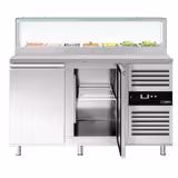 Saladette réfrigérée PREMIUM - 1510mm - 390L - 2 portes - avec vitrine de comptoir pour 7x GN 1/3 & 1 étagère - plan de travail en granit noir