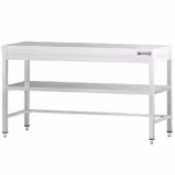 Mesa de trabajo de acero inox.  PREMIUM 1,6 m - con estante intermedio y travesaños bajos