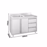 Dřezová skříňka ECO - nerezová ocel - 1200x700 mm - se 3 zásuvkami - křídlové dveře - s odkapávací plochou vpravo - s 1 dřezem vlevo